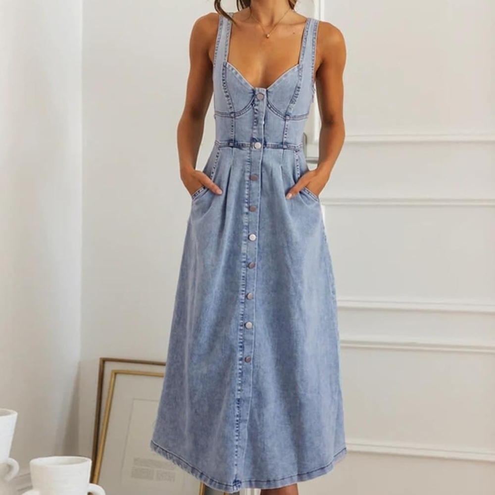 Elegant Blue Denim Midi Dress